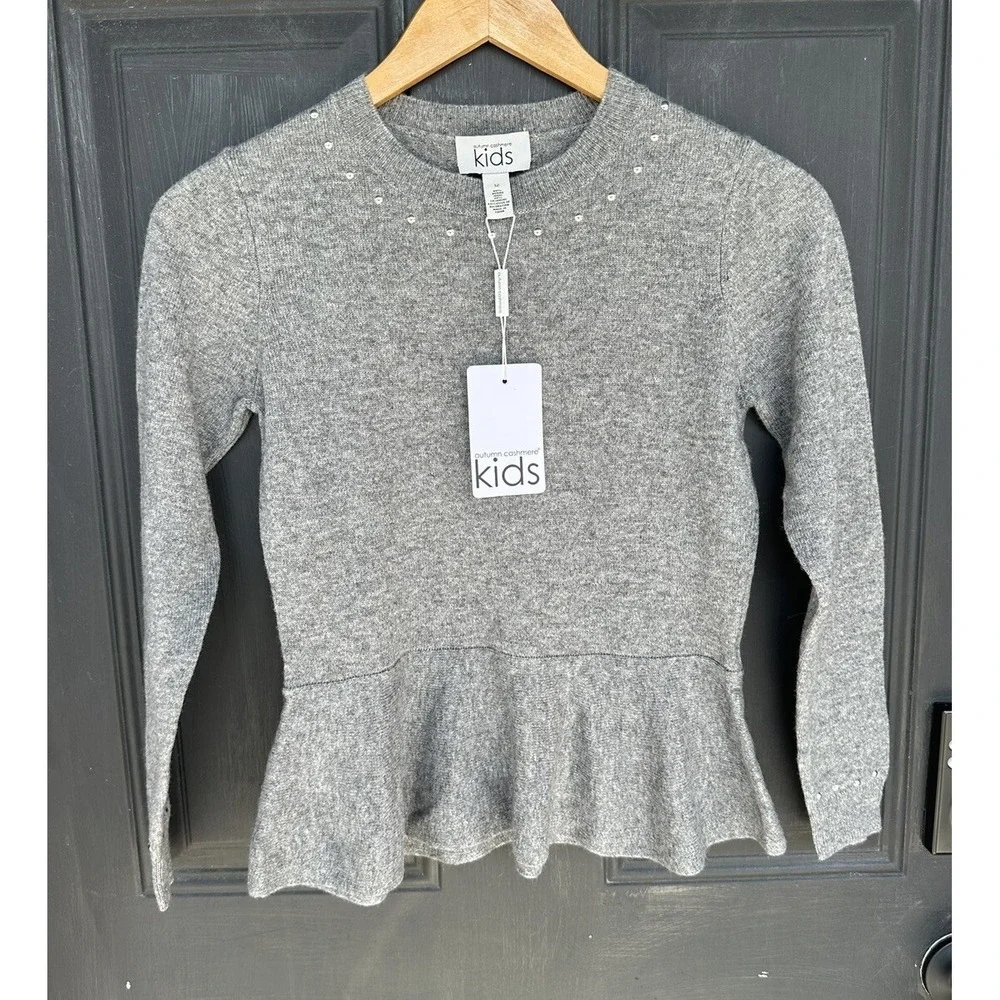 Autumn Cashmere Kids Studded Peplum Sweater‎ Coin Silver Gray Size 12 NWT
